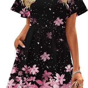 Womens Summer Dress Floral Ruffle Short Sleeve A-line Casual Sundress